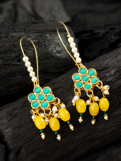 Aadita Long Hook Green Floral Earrings with Yellow Bead Clusters and Pearl Accents
