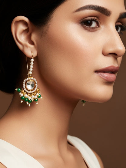 Aadita Gold Plated Hook Earrings with Emerald Green Bead Tassels