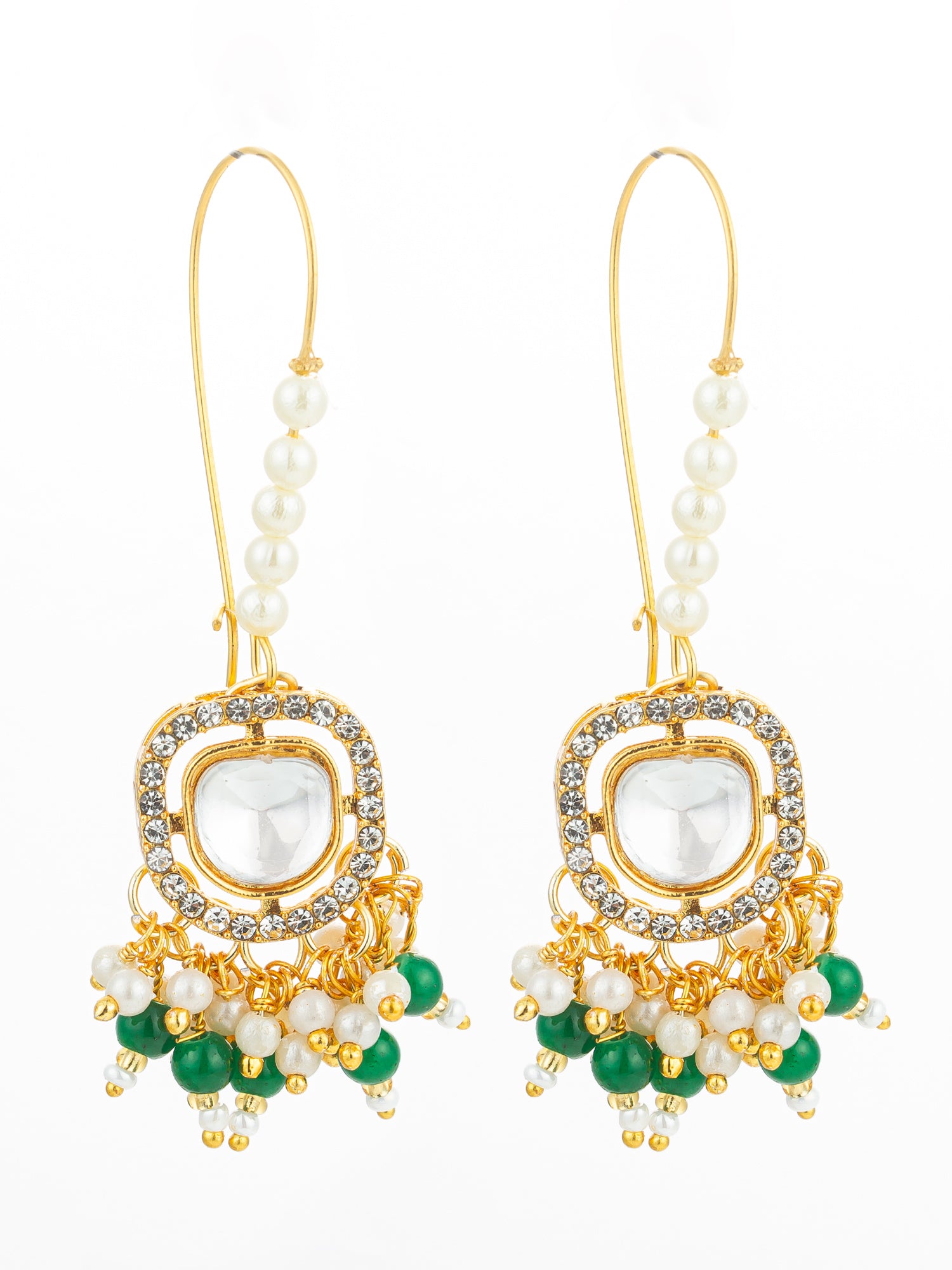 Aadita Gold Plated Hook Earrings with Emerald Green Bead Tassels