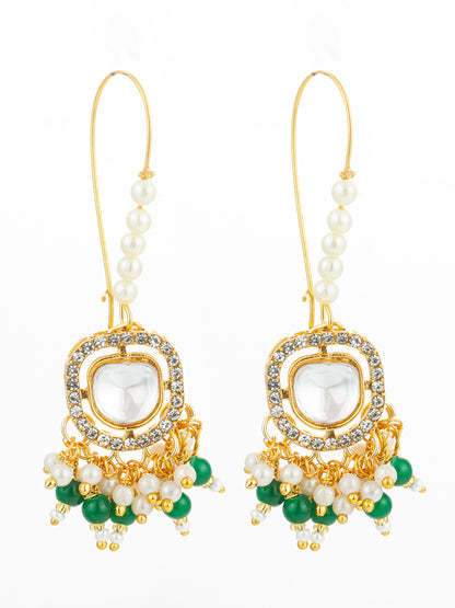 Aadita Gold Plated Hook Earrings with Emerald Green Bead Tassels