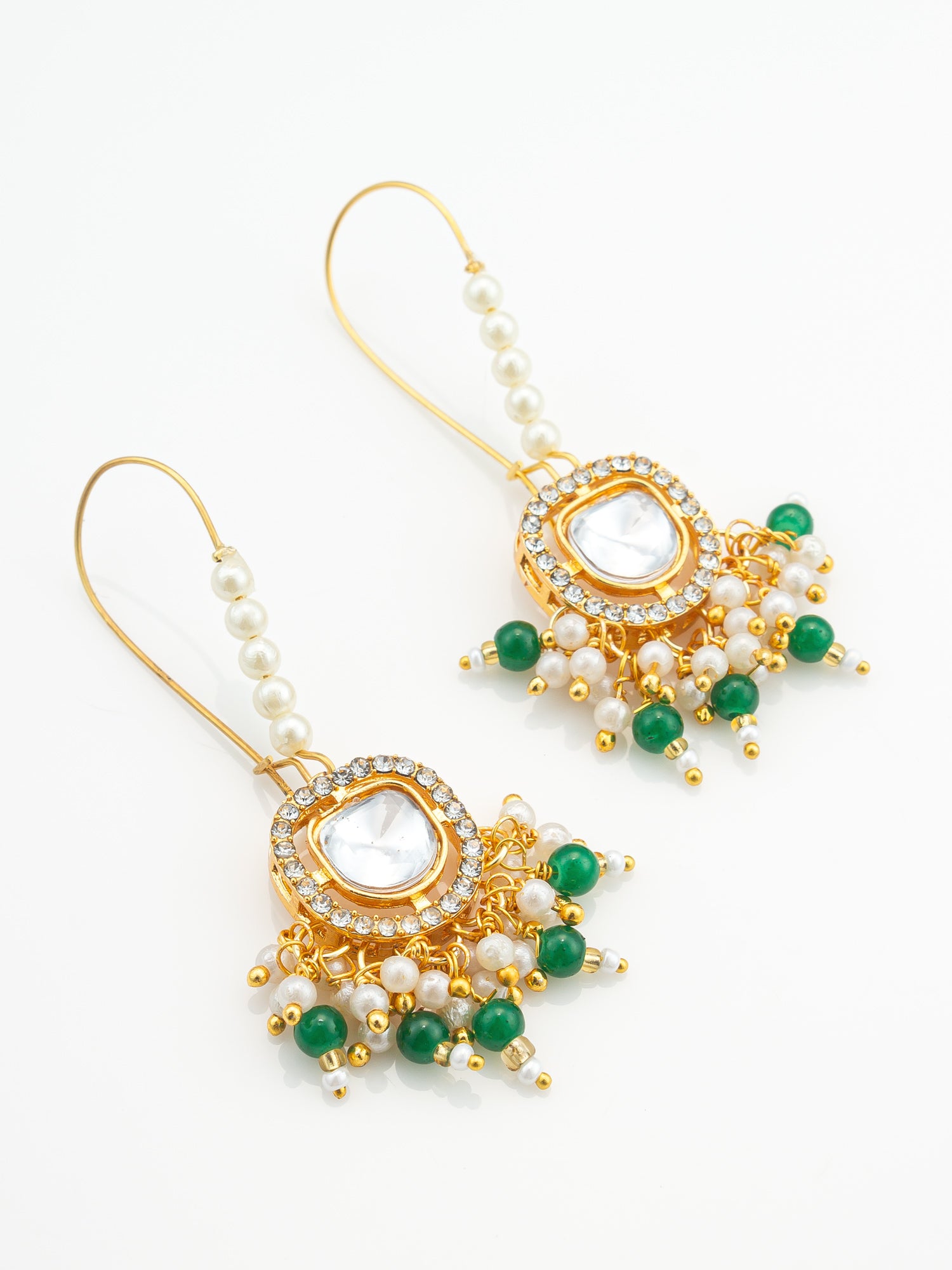 Aadita Gold Plated Hook Earrings with Emerald Green Bead Tassels