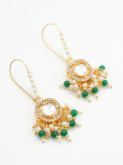Aadita Gold Plated Hook Earrings with Emerald Green Bead Tassels