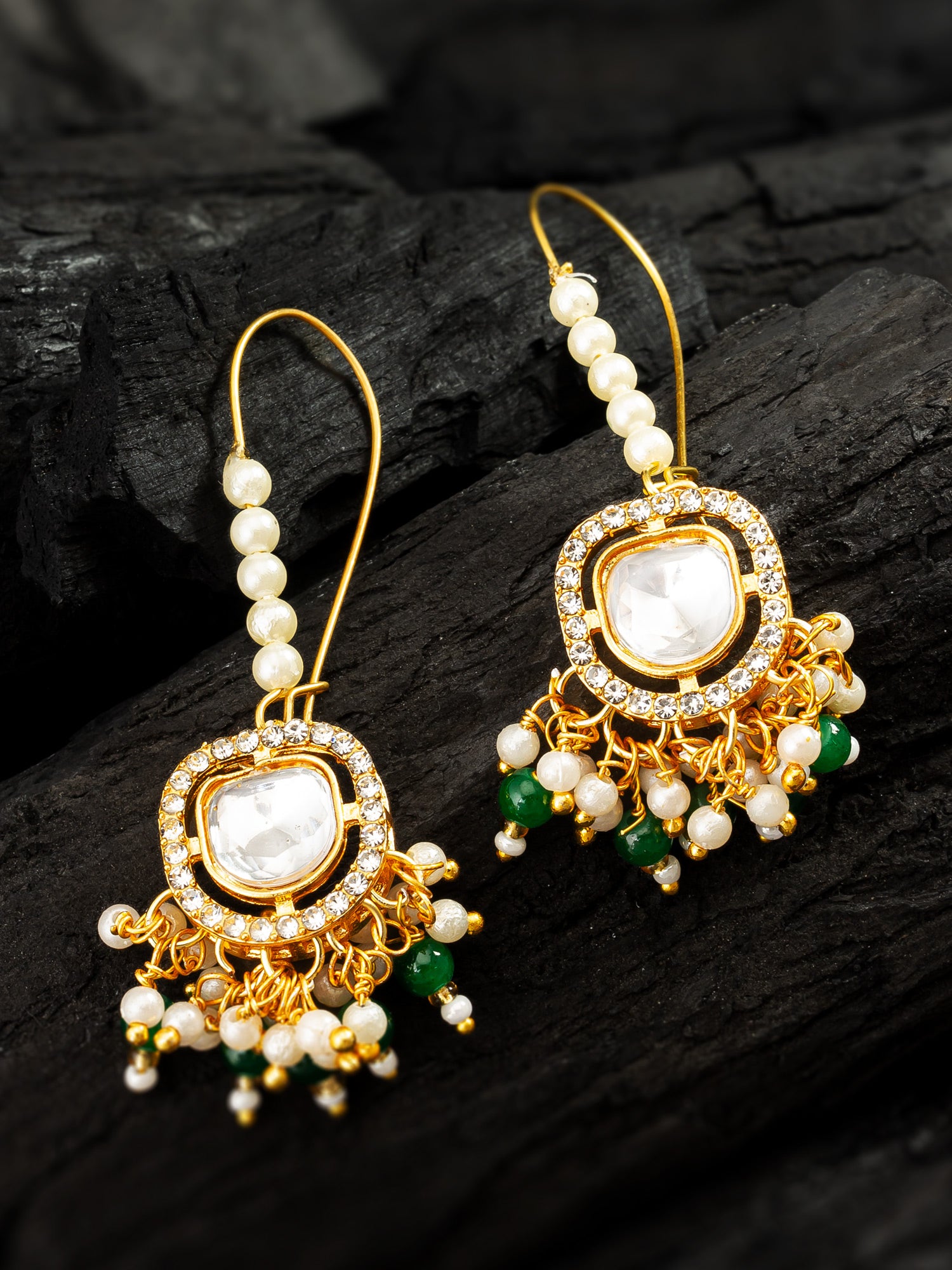 Aadita Gold Plated Hook Earrings with Emerald Green Bead Tassels