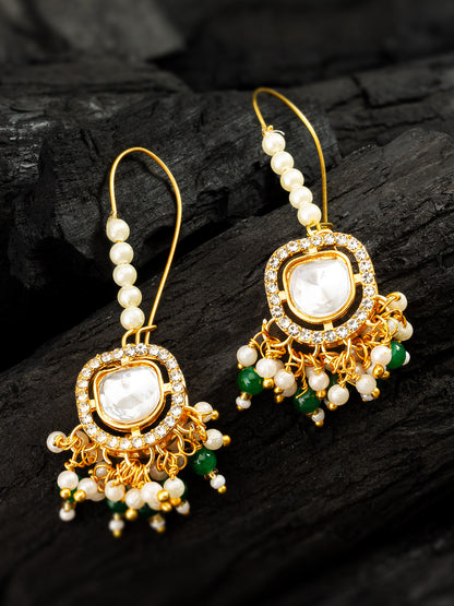 Aadita Gold Plated Hook Earrings with Emerald Green Bead Tassels