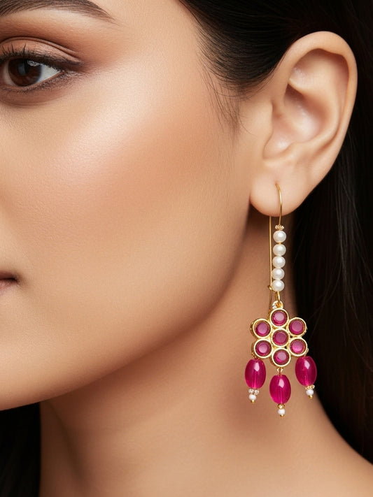 Aadita Pink Floral Stone Hook Earrings with Matching Bead Drops and Pearls