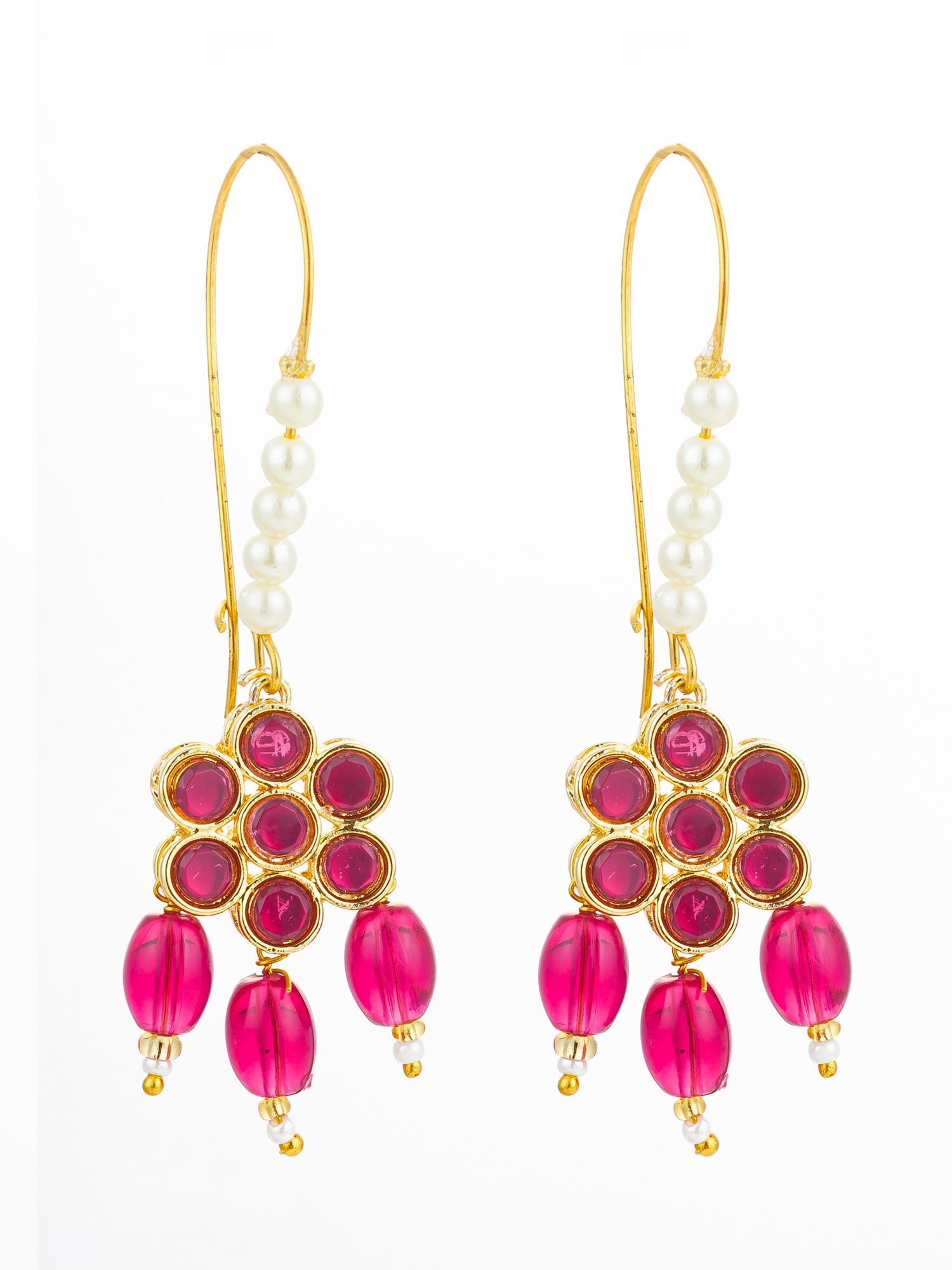 Aadita Pink Floral Stone Hook Earrings with Matching Bead Drops and Pearls