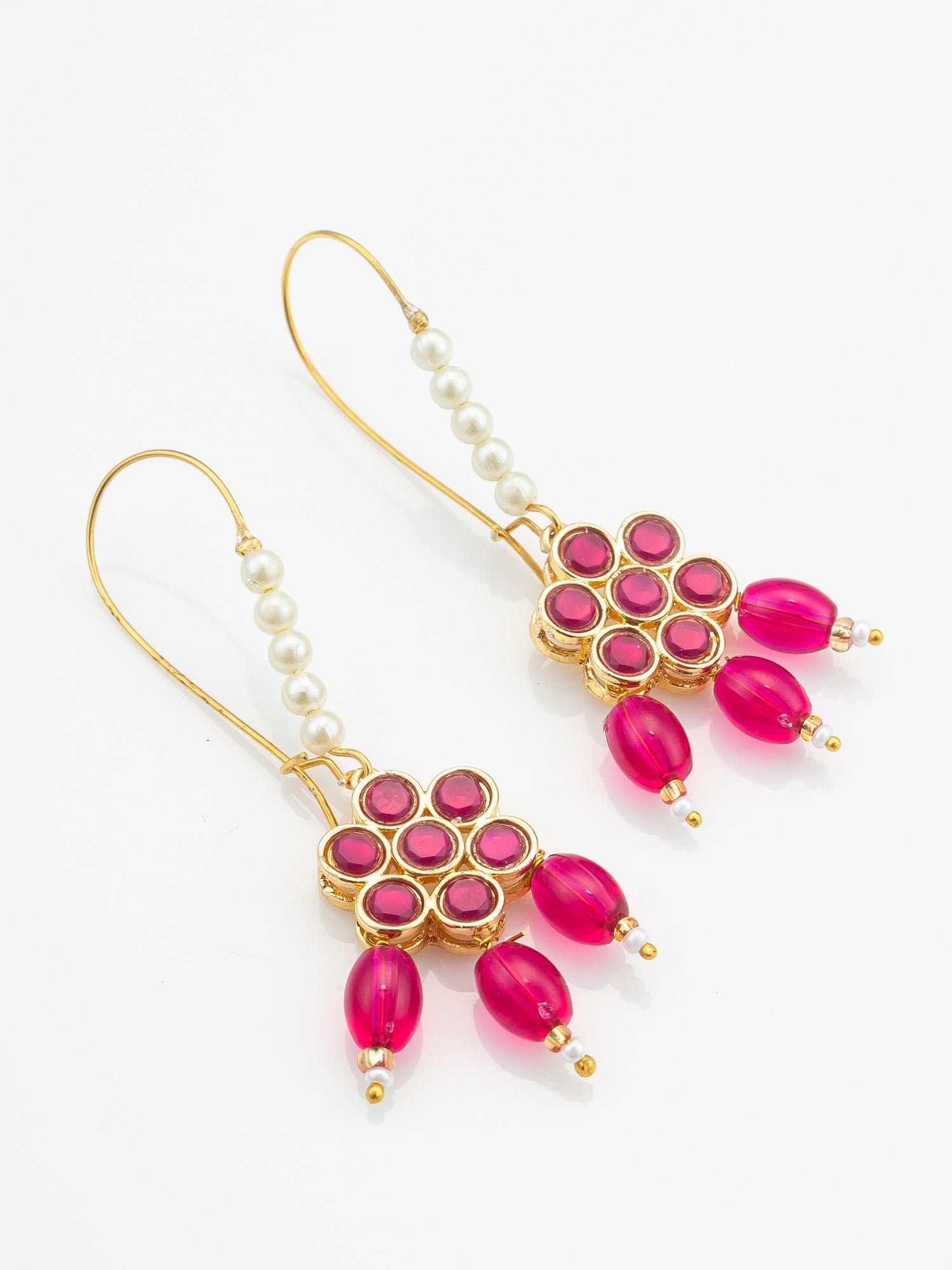 Aadita Pink Floral Stone Hook Earrings with Matching Bead Drops and Pearls