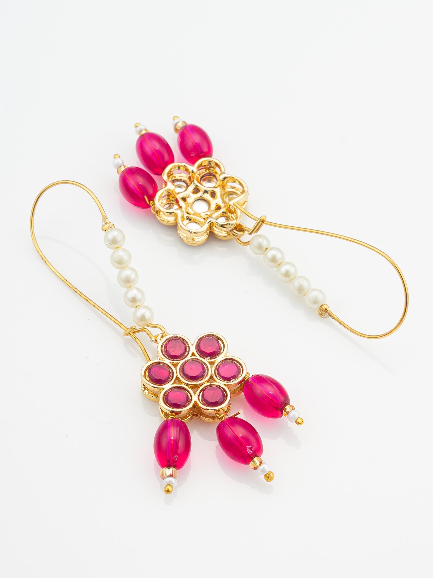Aadita Pink Floral Stone Hook Earrings with Matching Bead Drops and Pearls