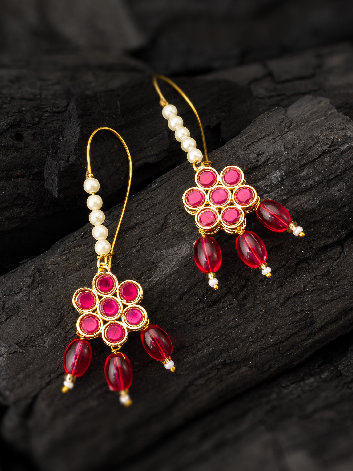 Aadita Pink Floral Stone Hook Earrings with Matching Bead Drops and Pearls