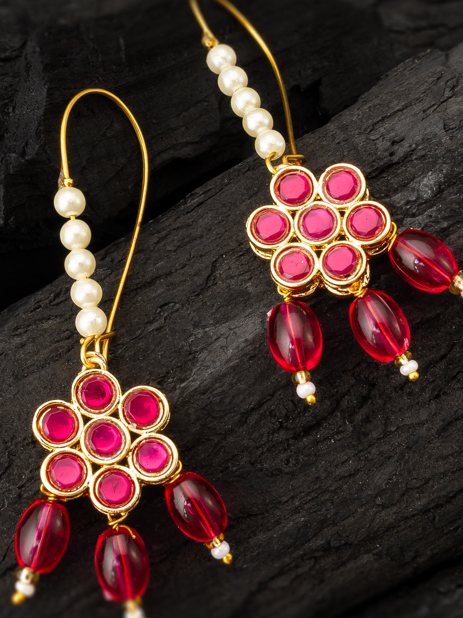 Aadita Pink Floral Stone Hook Earrings with Matching Bead Drops and Pearls