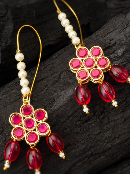 Aadita Pink Floral Stone Hook Earrings with Matching Bead Drops and Pearls