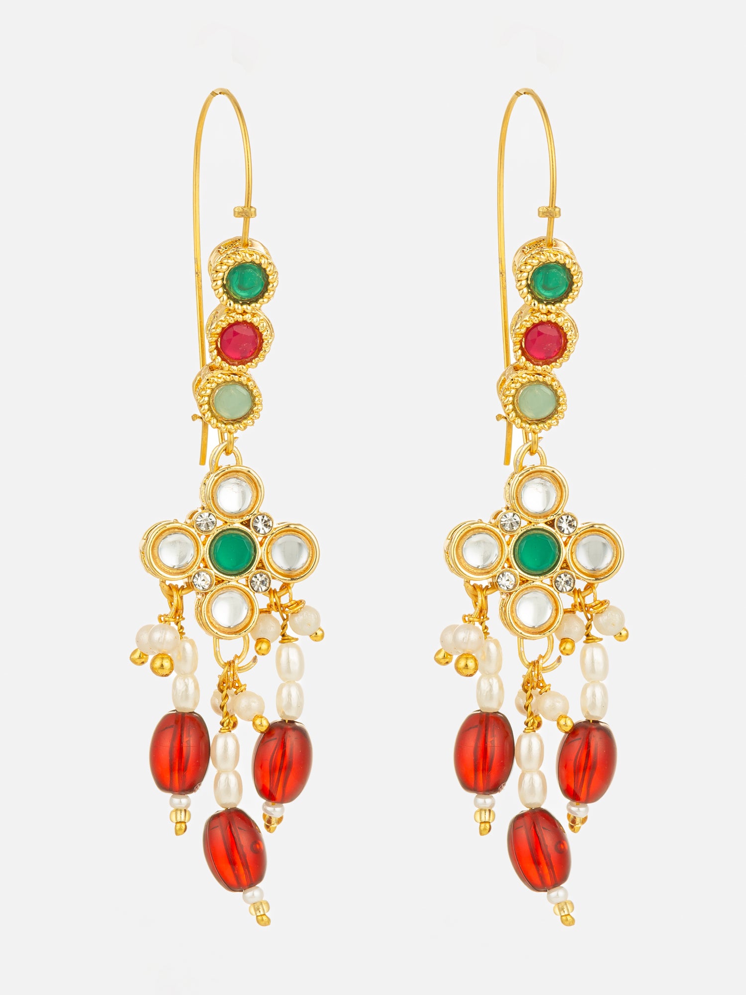 Aadita Gold Plated Multi-Color Kundan and Red Bead Long Drop Earrings