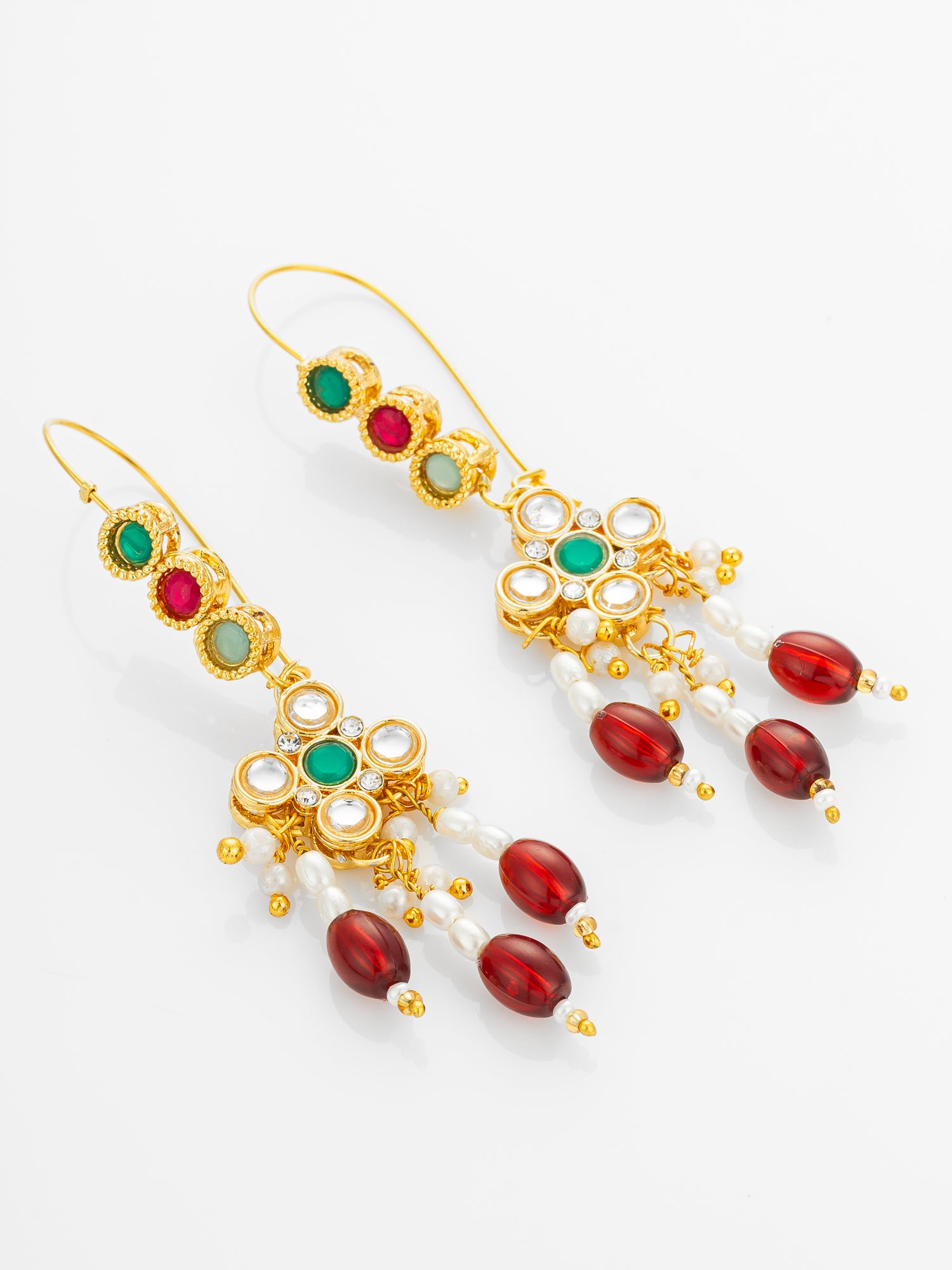 Aadita Gold Plated Multi-Color Kundan and Red Bead Long Drop Earrings