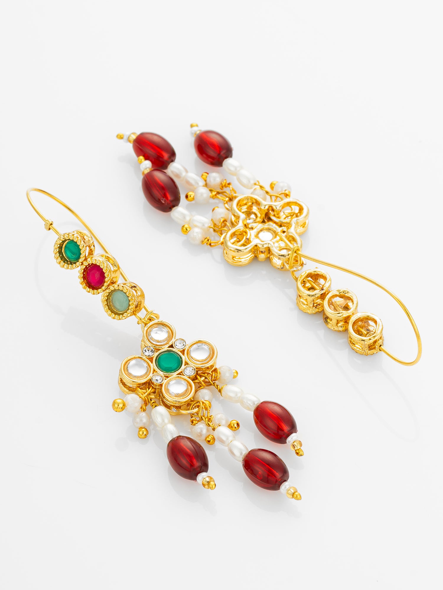Aadita Gold Plated Multi-Color Kundan and Red Bead Long Drop Earrings