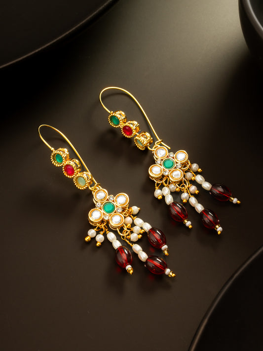 Aadita Gold Plated Multi-Color Kundan and Red Bead Long Drop Earrings