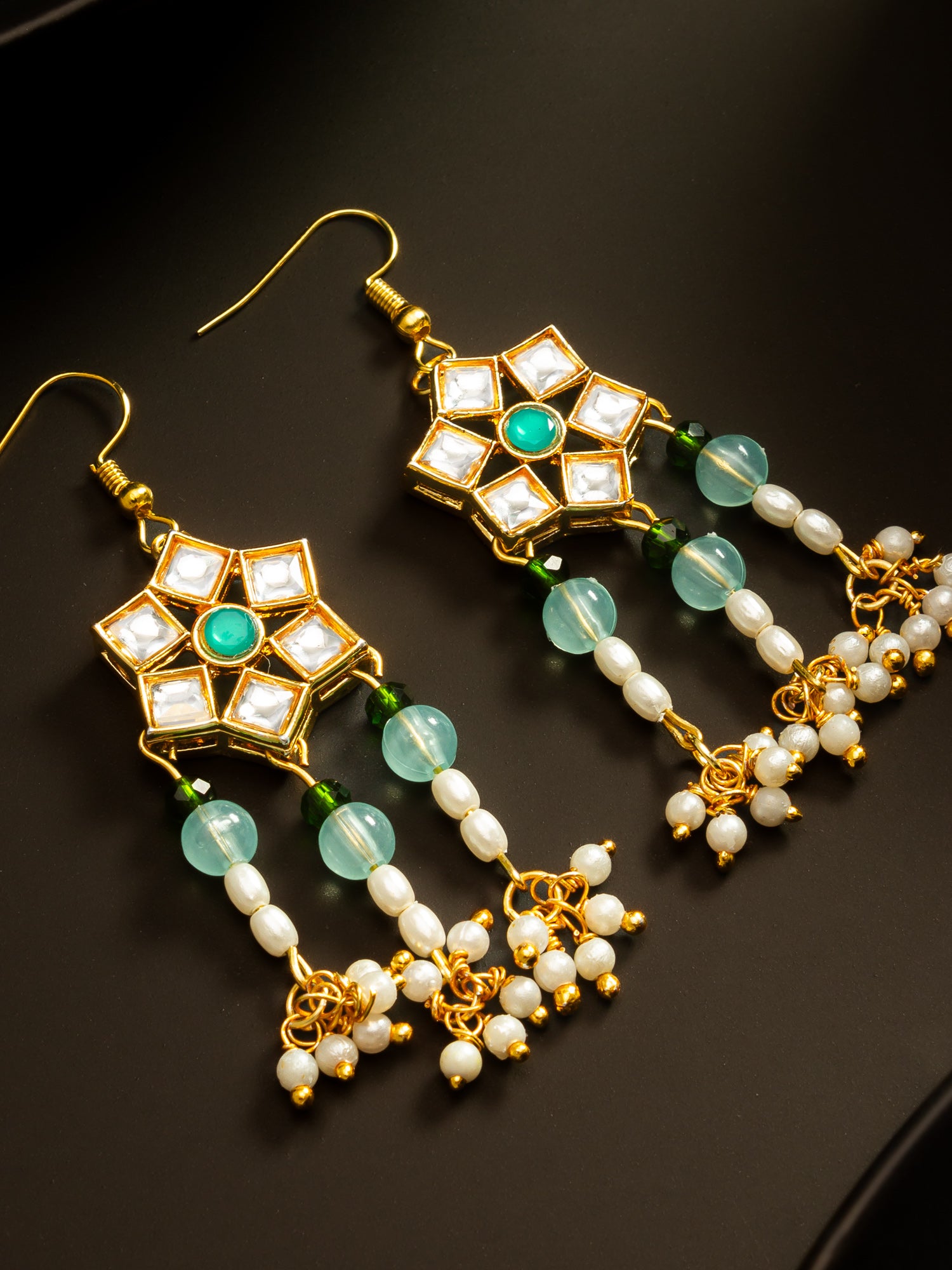 Aadita Gold Plated Star Floral Kundan Chandelier Earrings