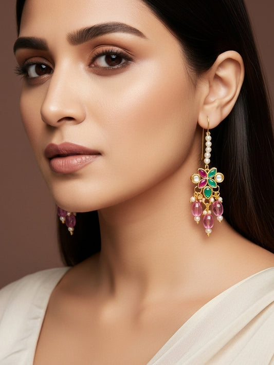 Aadita Floral Multi-Stone Drop Earrings with Pink Beads