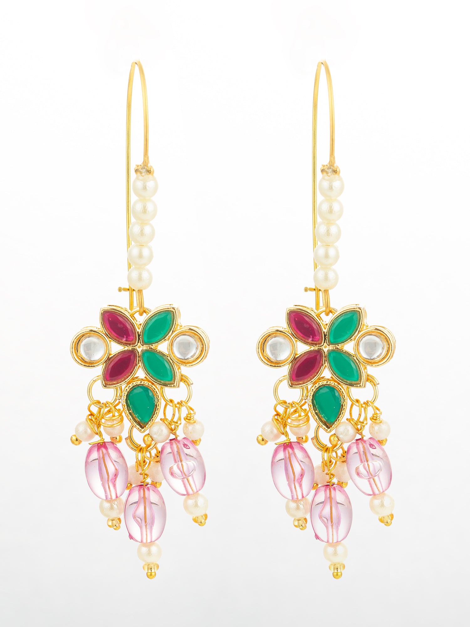 Aadita Floral Multi-Stone Drop Earrings with Pink Beads