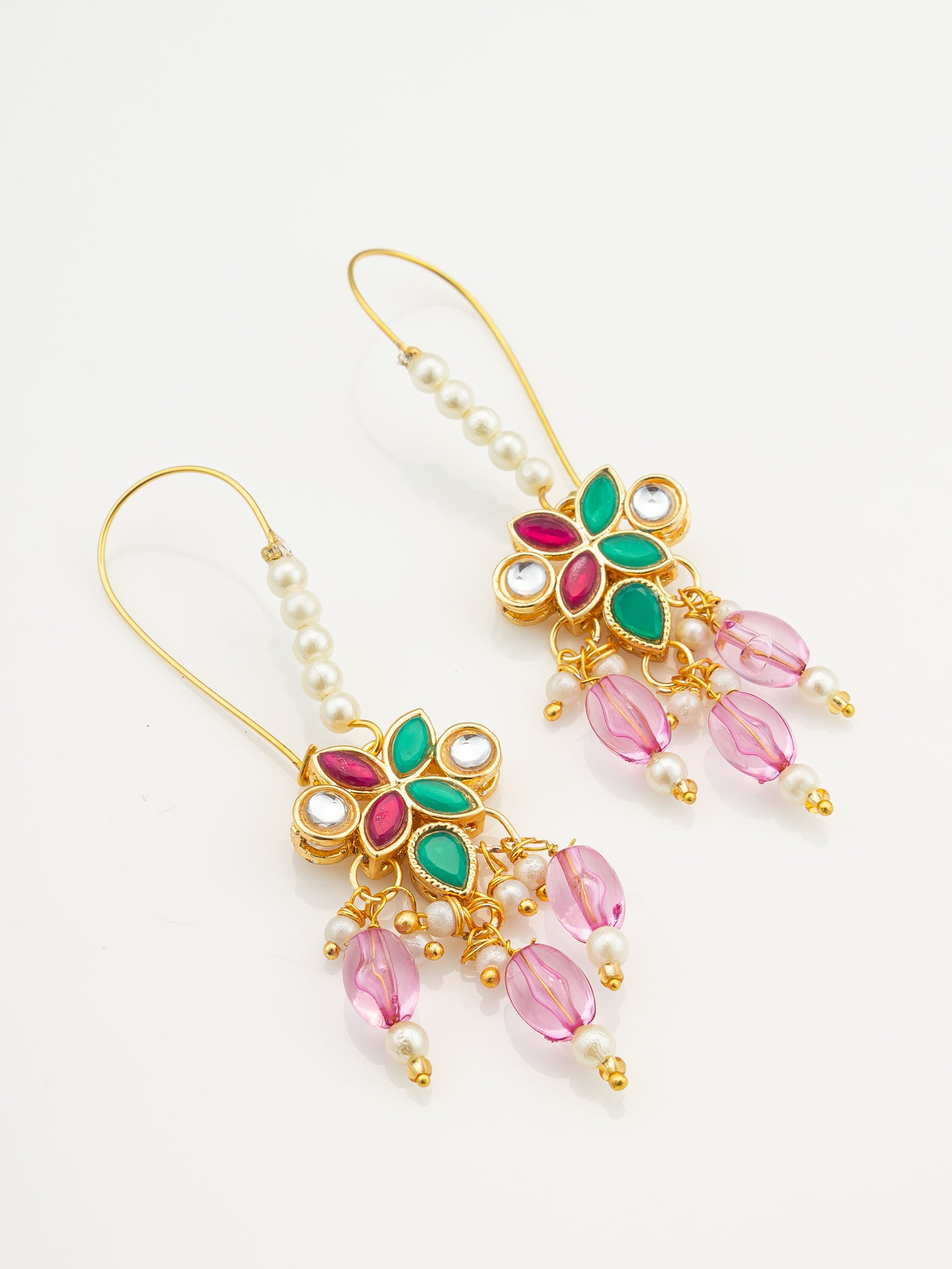 Aadita Floral Multi-Stone Drop Earrings with Pink Beads
