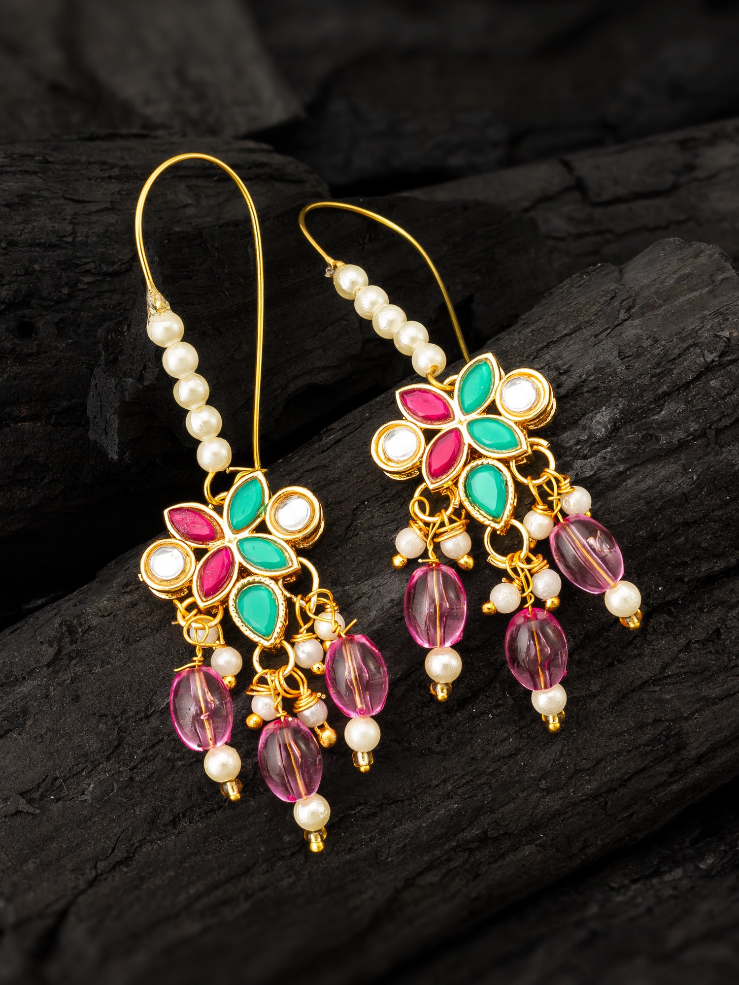 Aadita Floral Multi-Stone Drop Earrings with Pink Beads