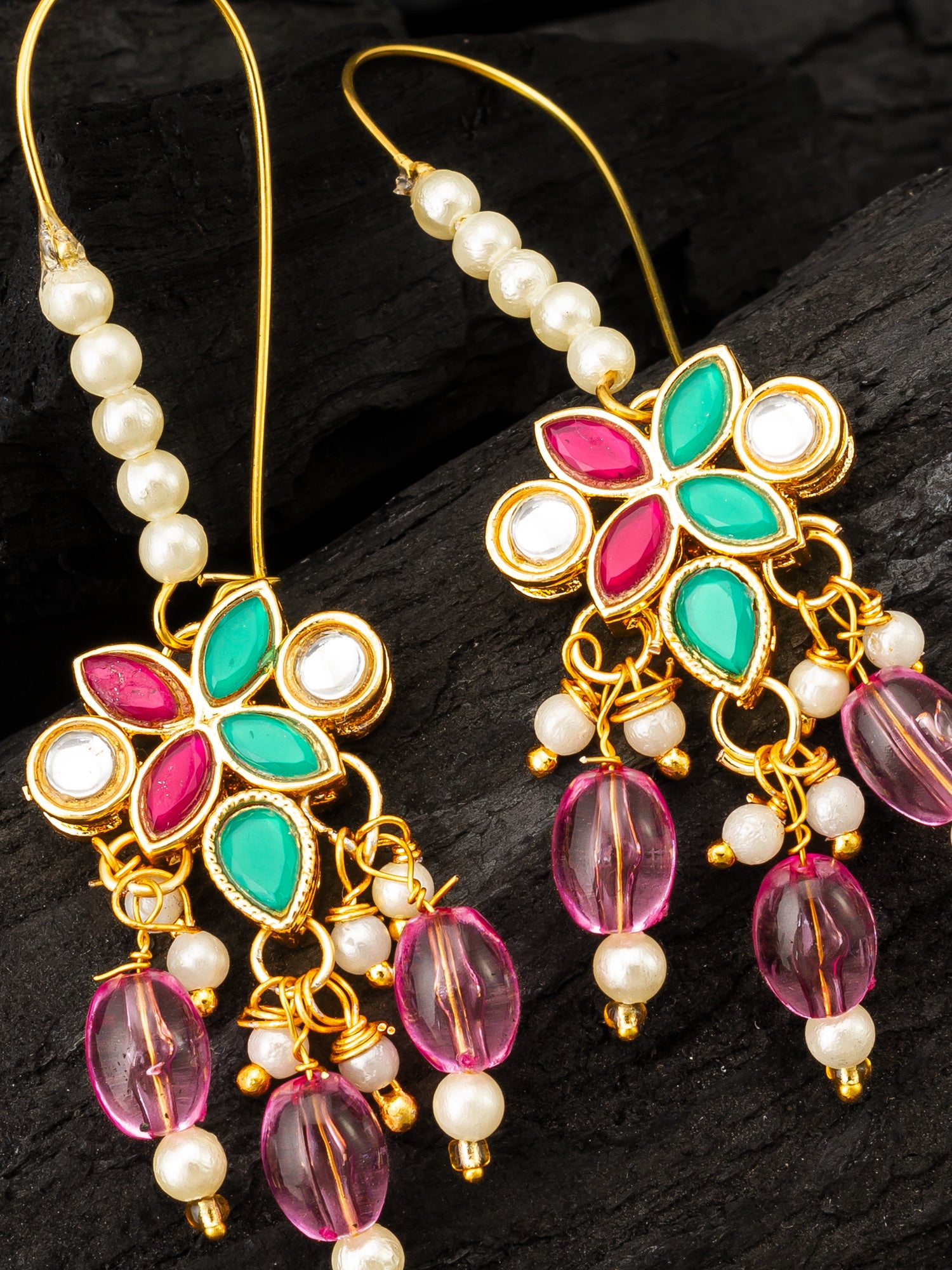 Aadita Floral Multi-Stone Drop Earrings with Pink Beads