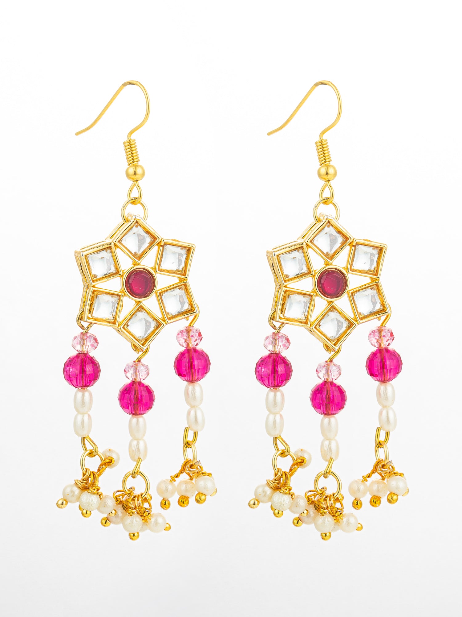Aadita Ruby Red Hexagonal Kundan Chandelier Earrings