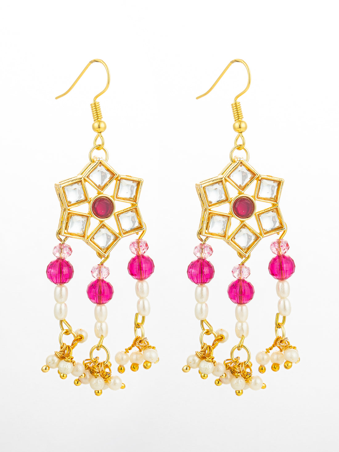 Aadita Ruby Red Hexagonal Kundan Chandelier Earrings