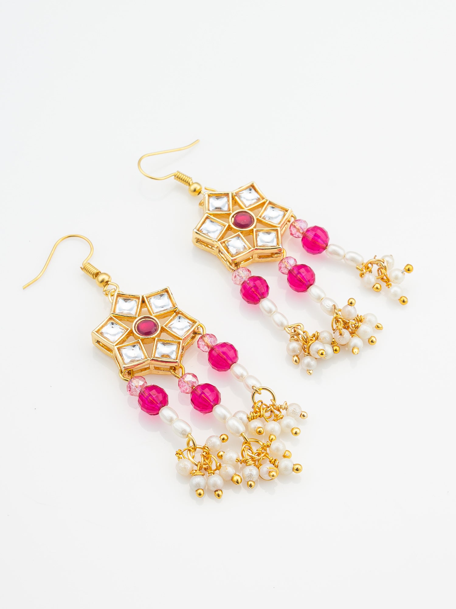 Aadita Ruby Red Hexagonal Kundan Chandelier Earrings