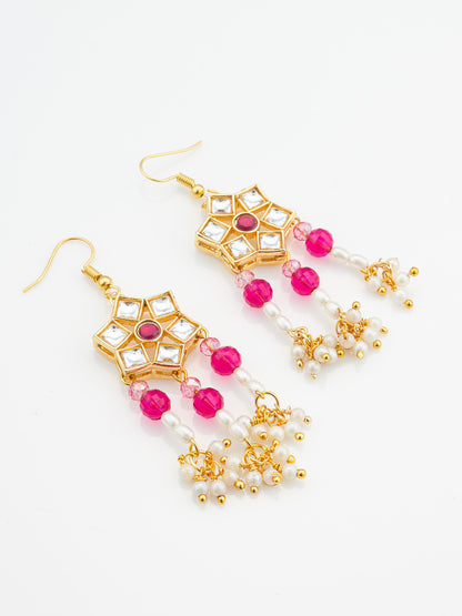 Aadita Ruby Red Hexagonal Kundan Chandelier Earrings