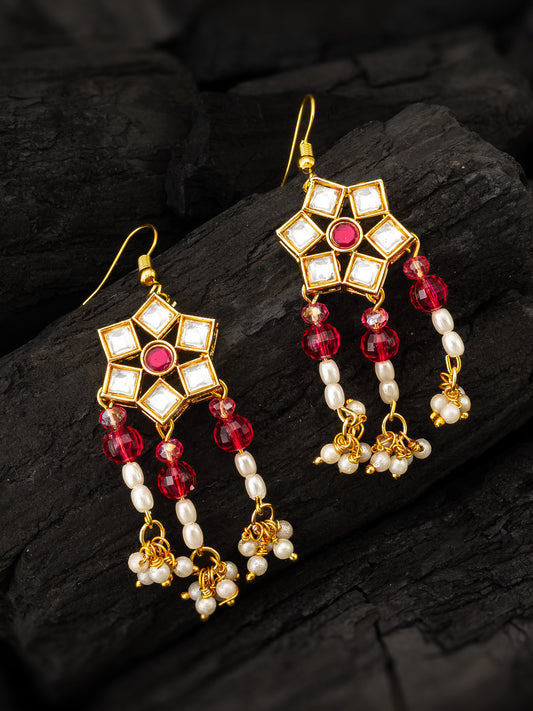Aadita Ruby Red Hexagonal Kundan Chandelier Earrings