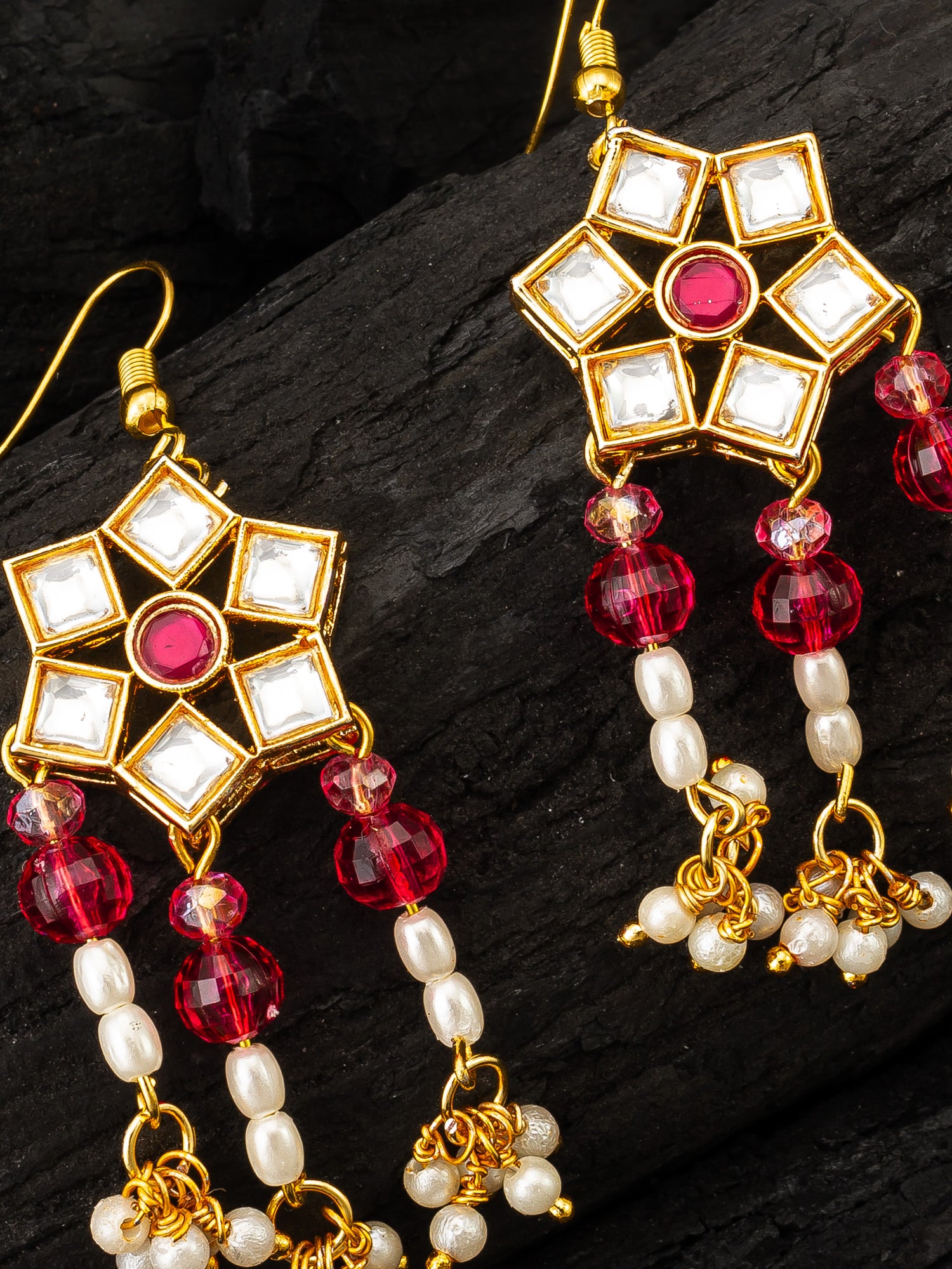 Aadita Ruby Red Hexagonal Kundan Chandelier Earrings