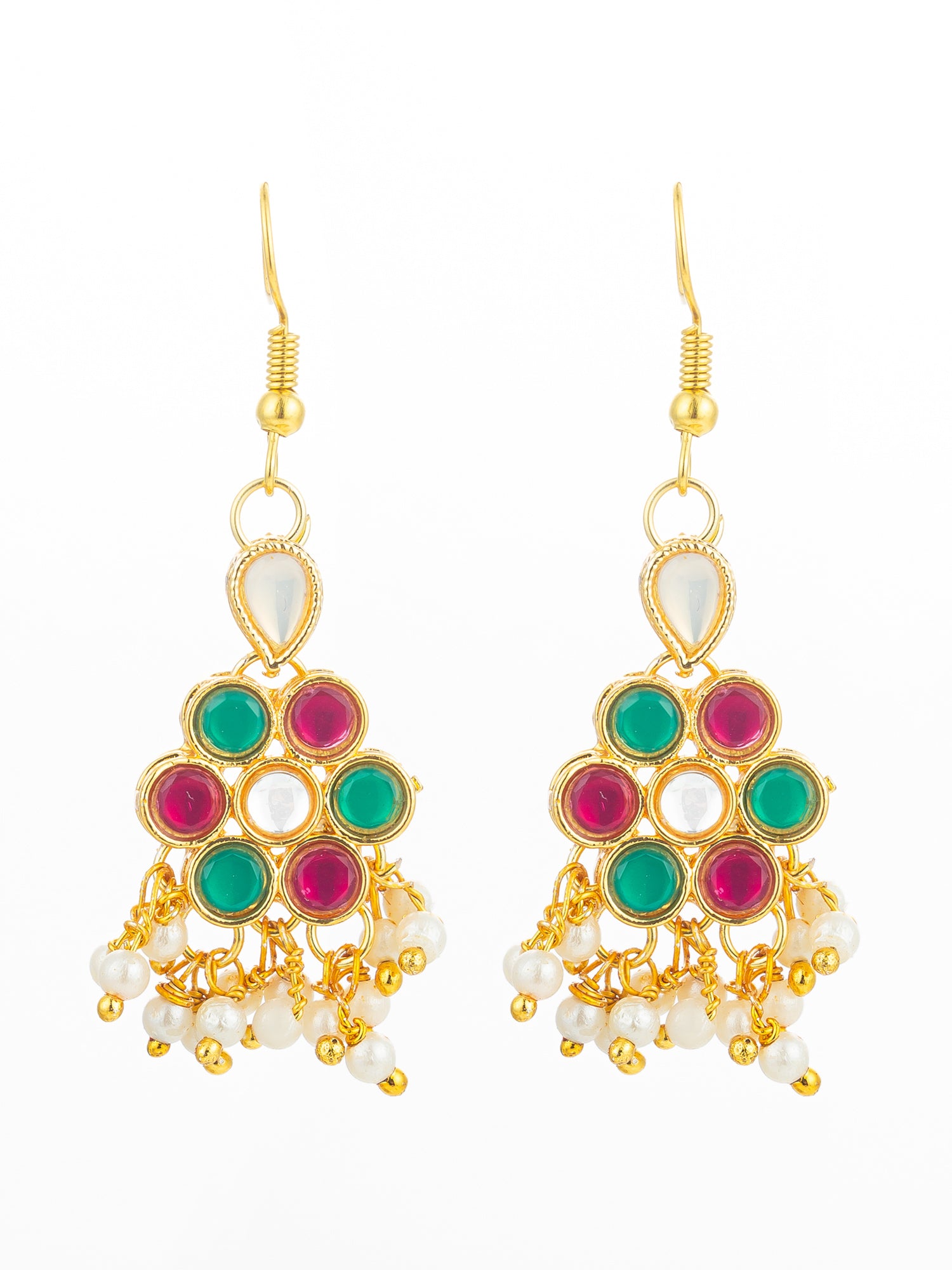 Aadita Festive Pink and Green Kundan Cluster Drop Earrings
