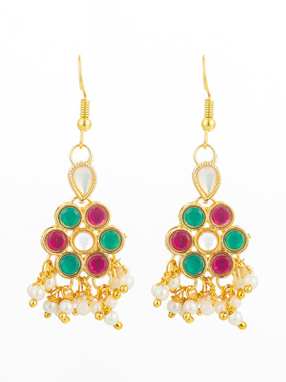 Aadita Festive Pink and Green Kundan Cluster Drop Earrings