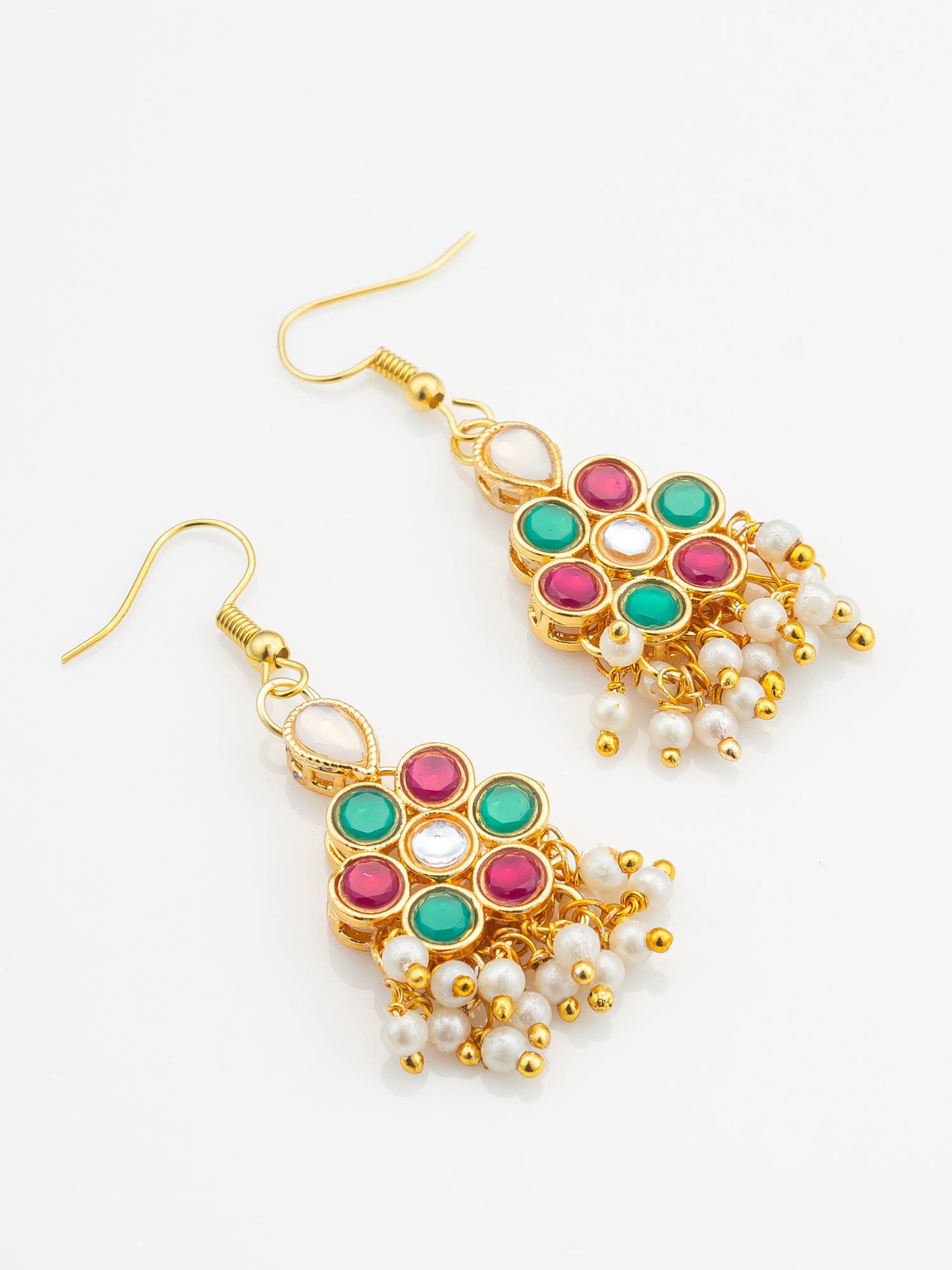 Aadita Festive Pink and Green Kundan Cluster Drop Earrings