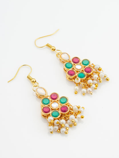 Aadita Festive Pink and Green Kundan Cluster Drop Earrings