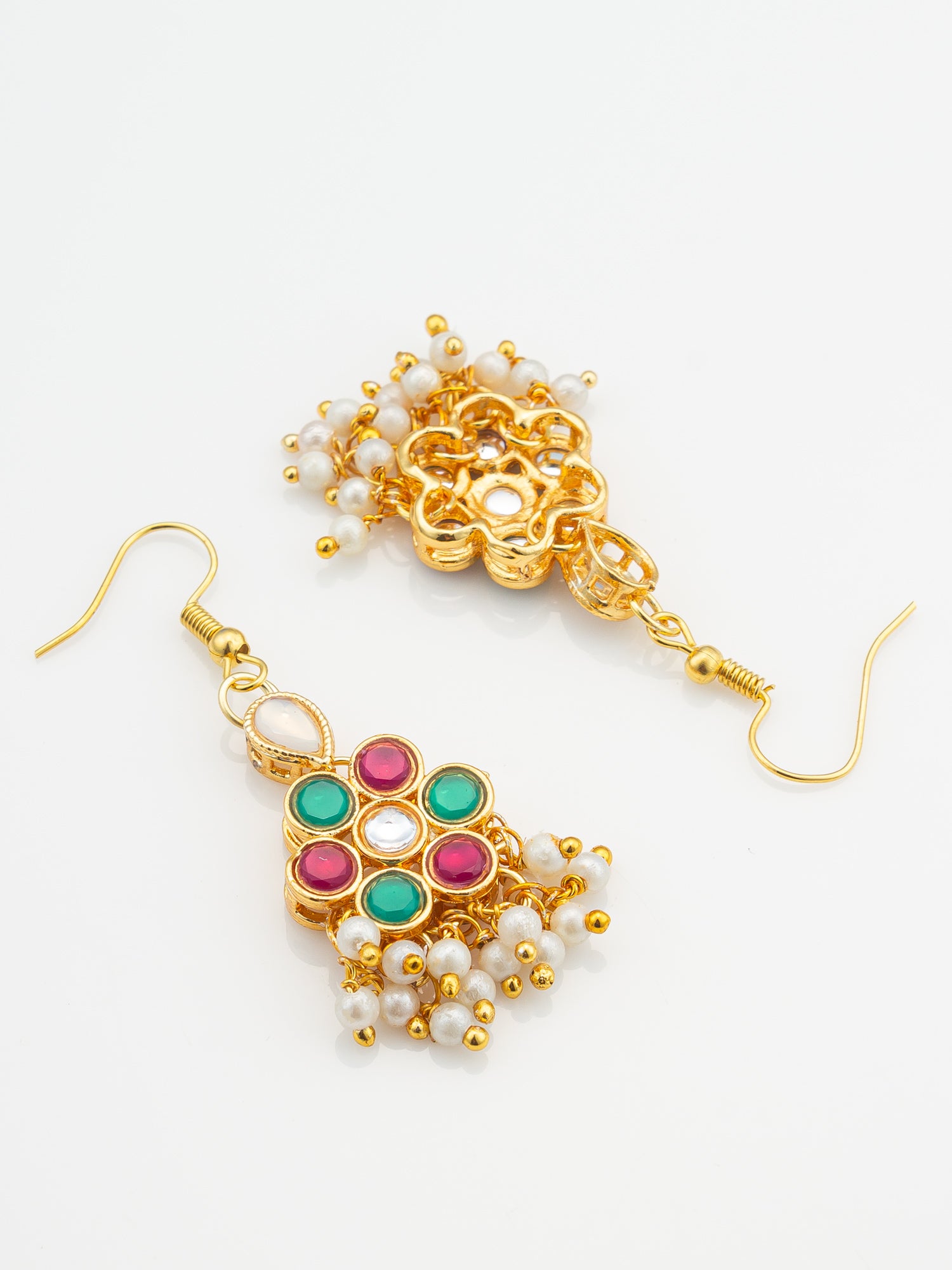 Aadita Festive Pink and Green Kundan Cluster Drop Earrings
