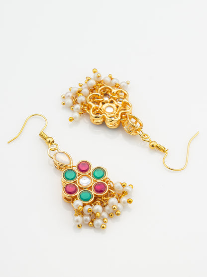 Aadita Festive Pink and Green Kundan Cluster Drop Earrings