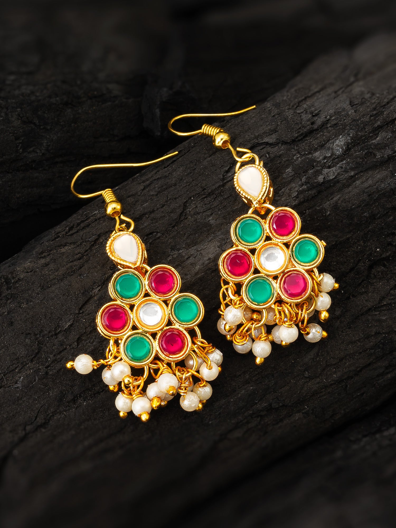 Aadita Festive Pink and Green Kundan Cluster Drop Earrings