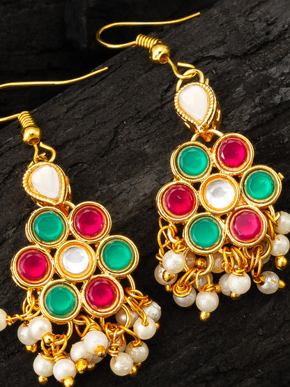Aadita Festive Pink and Green Kundan Cluster Drop Earrings