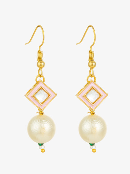 Aadita Gold Plated Pink Enamel and Large Pearl Drop Earrings