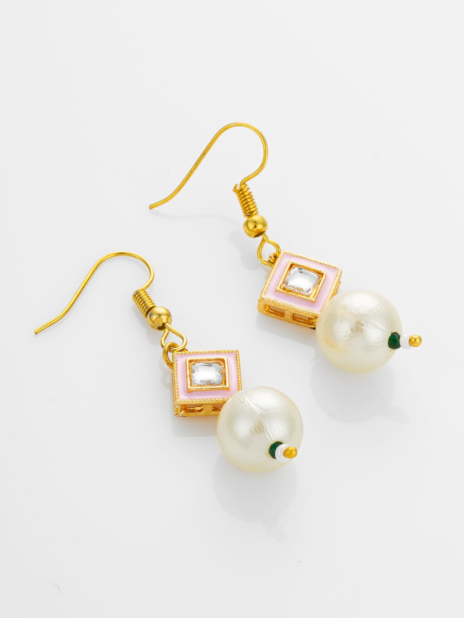 Aadita Gold Plated Pink Enamel and Large Pearl Drop Earrings