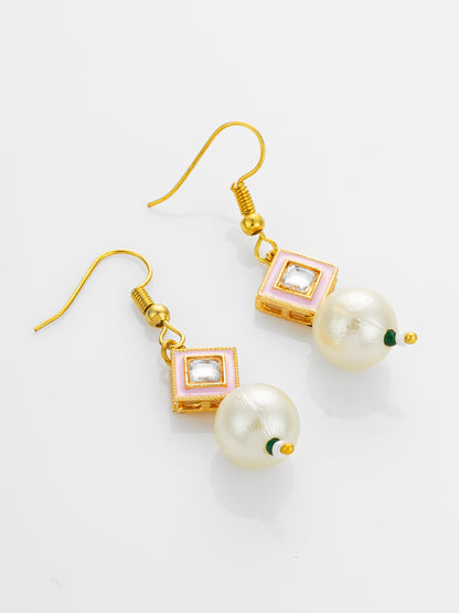 Aadita Gold Plated Pink Enamel and Large Pearl Drop Earrings