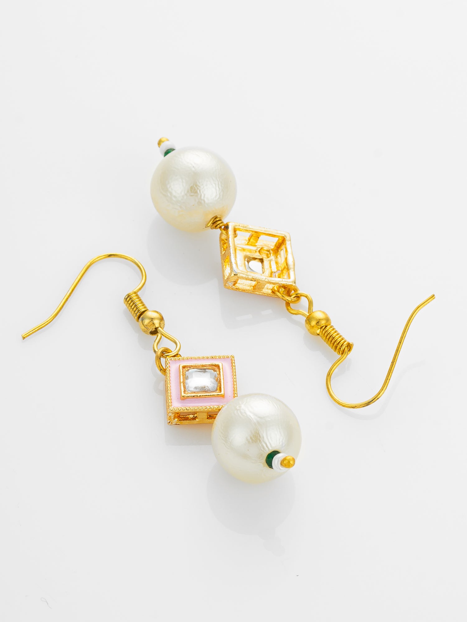 Aadita Gold Plated Pink Enamel and Large Pearl Drop Earrings