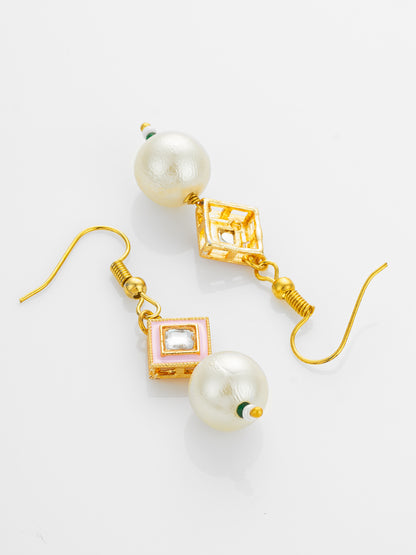 Aadita Gold Plated Pink Enamel and Large Pearl Drop Earrings