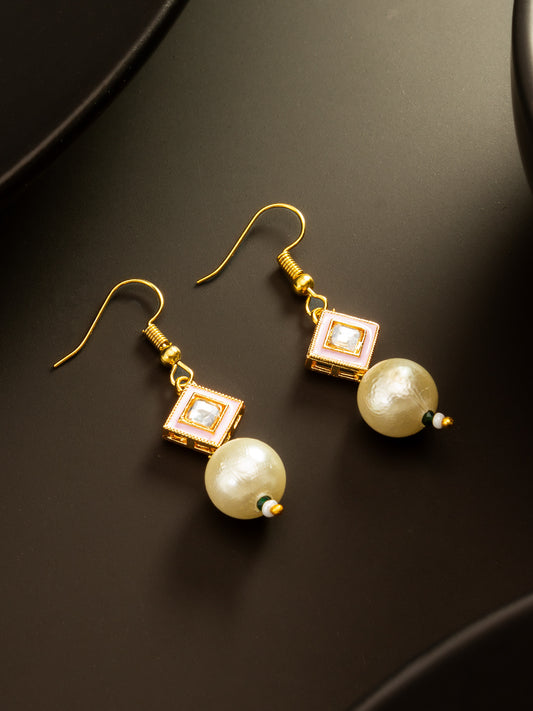 Aadita Gold Plated Pink Enamel and Large Pearl Drop Earrings