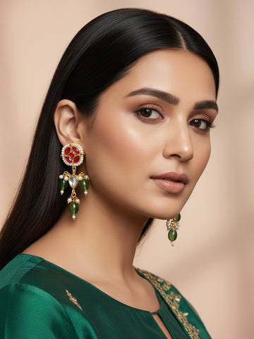 Aadita Red Green Kundan Drop Earrings