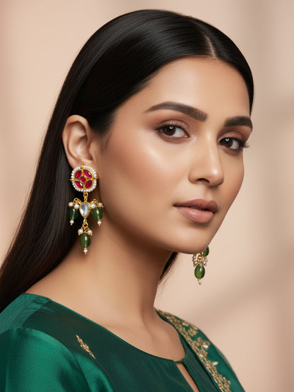Aadita Red Green Kundan Drop Earrings