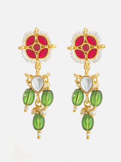Aadita Red Green Kundan Drop Earrings