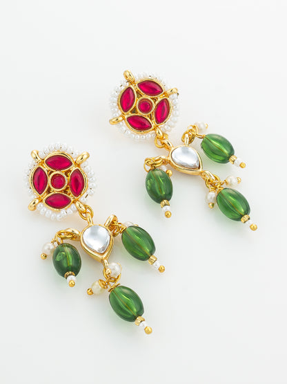 Aadita Red Green Kundan Drop Earrings