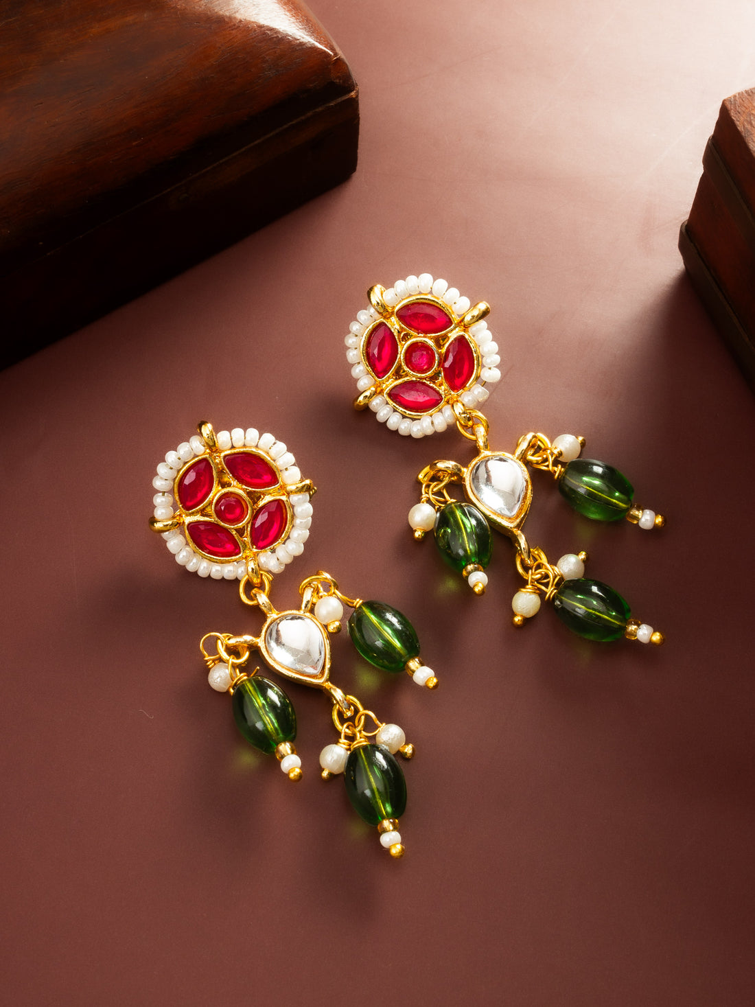 Aadita Red Green Kundan Drop Earrings